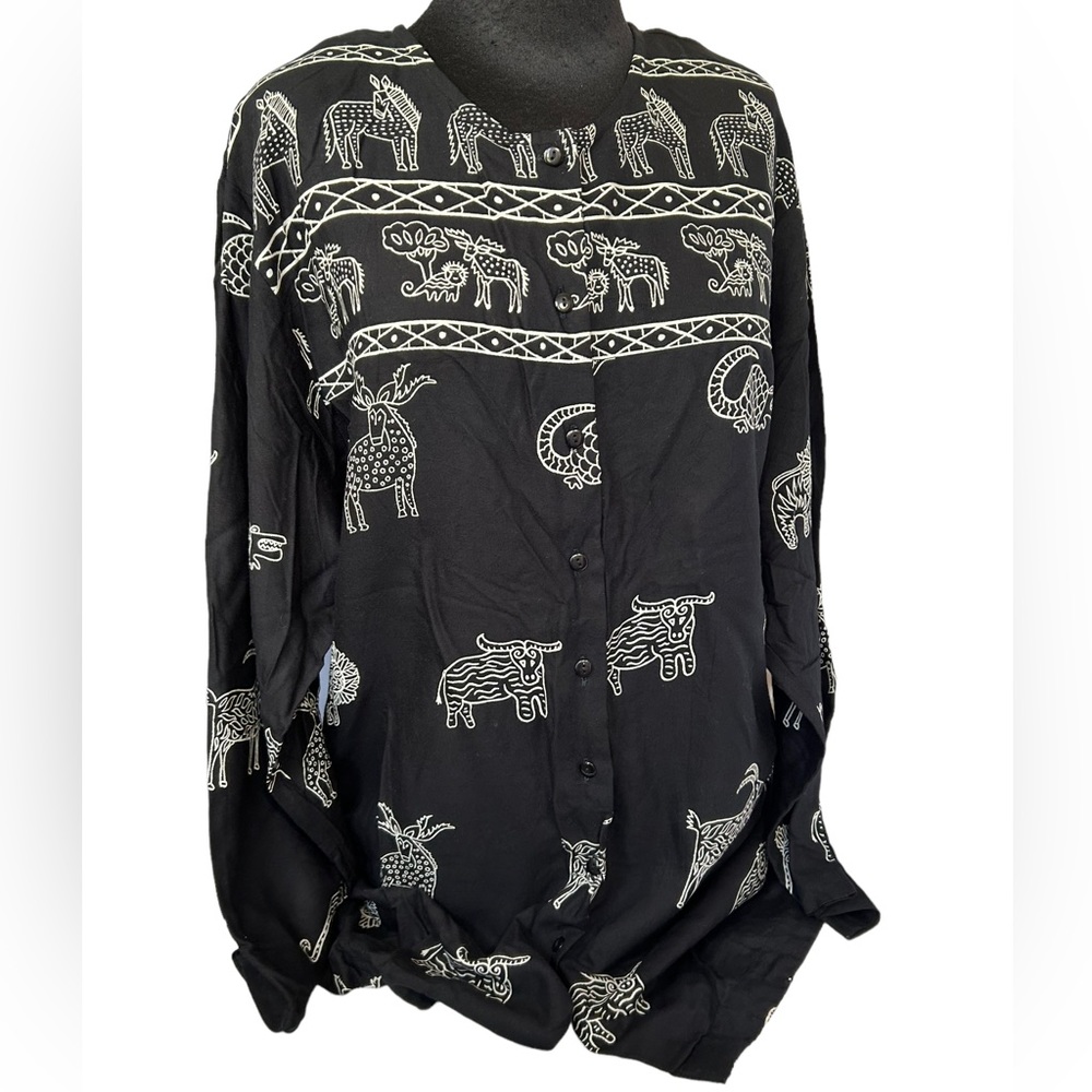 Adini Womens Top NWT Safari Tunic Blouse Black White African Animals Button Up M
